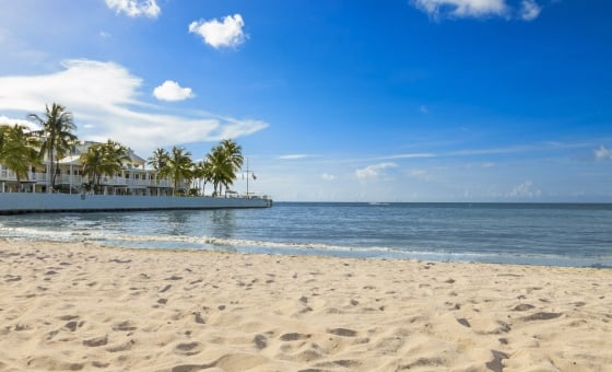 View of the ocean and pier from the beach.