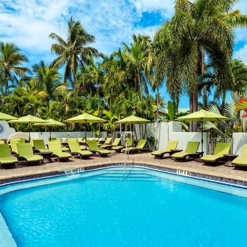 Green lounge chairs and umbrellas setup around the Tranquility Pool.