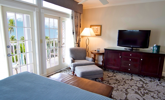 Sitting area and TV from the bed in the Ocean View Room at Southernmost Beach Resort.