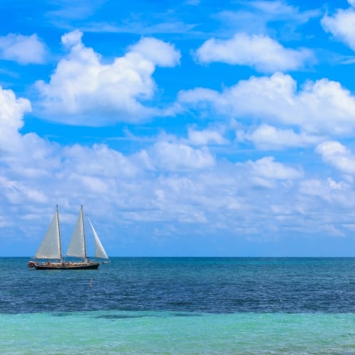 Tall ship sailing on blue waters under the sun.