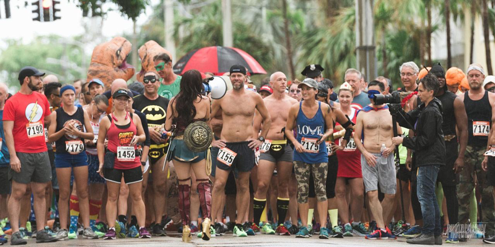 Runner lined up in their costumes in preparation for the Heroes and Villains 5K run or walk.