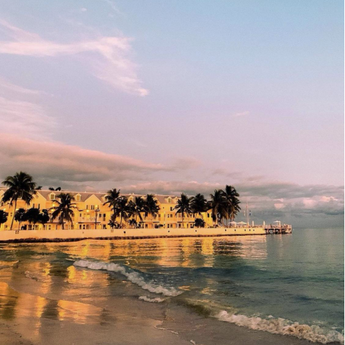 Ocean waves gently lap against a sandy shore, reflecting pastel hues from a sunset, while palm trees and buildings line the coast in Key West.
