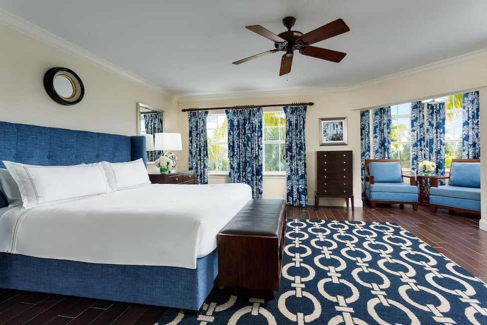 A bright nautical themed bedroom with shades of blue and white all over