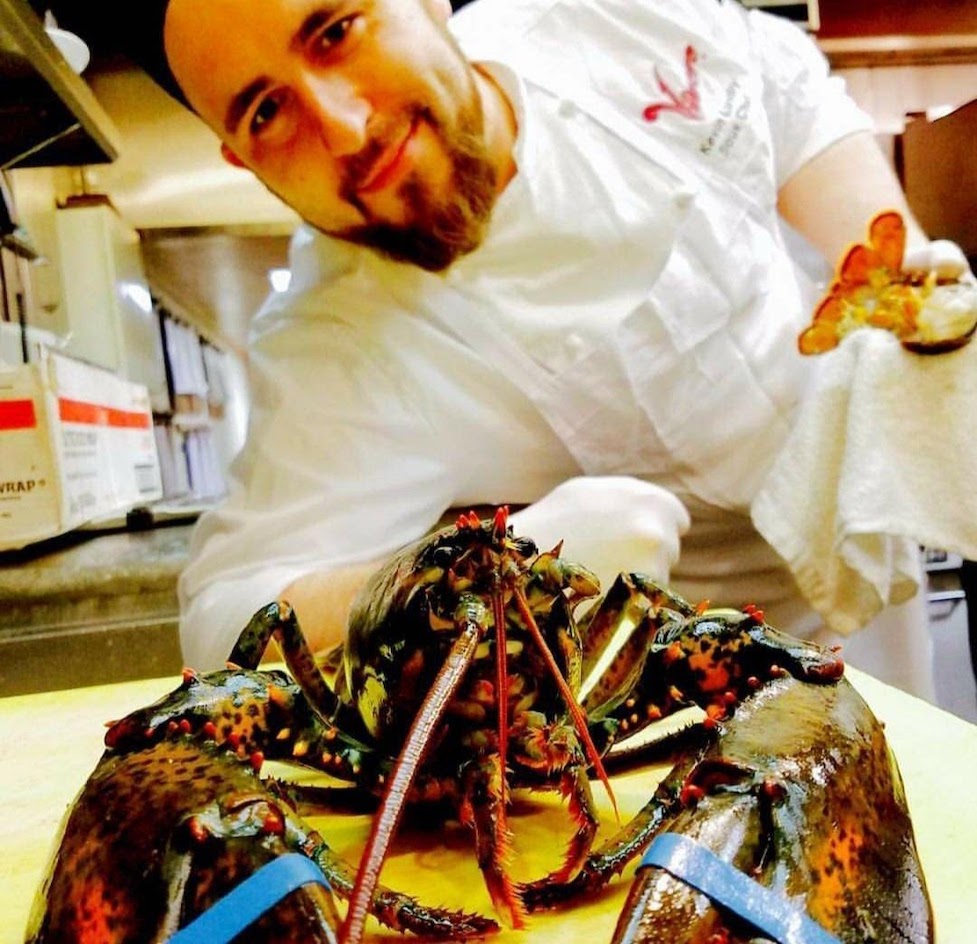 A chef showing off a plated lobster