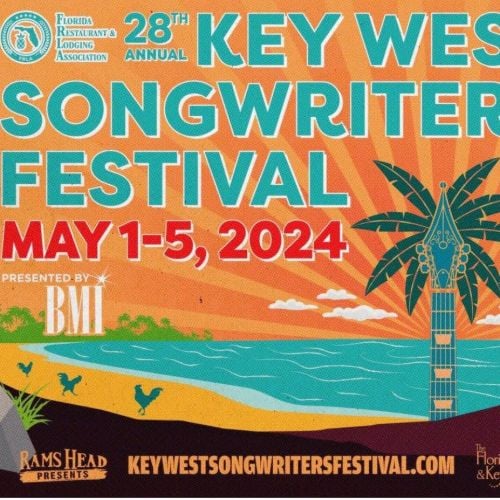 Poster for the 28th Annual Key West Songwriters Festival, May 1-5, 2024. Features a stylized guitar-palm tree near a beach with ocean waves, presented by BMI. Visit keywestsongwritersfestival.com.