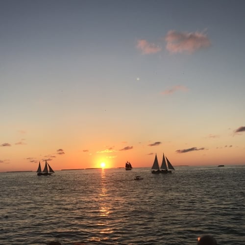 Sailboats glide across the water during sunset, with the sun partially set on the horizon, casting an orange and pink glow over the ocean. Key West.