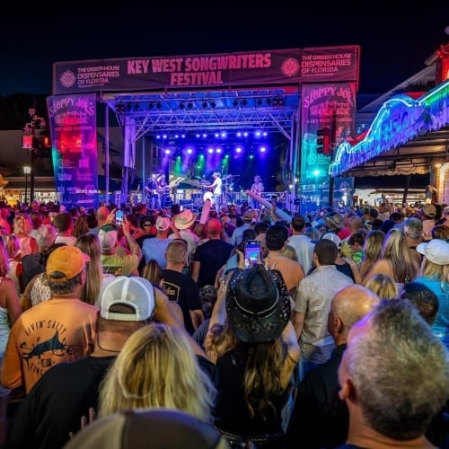 A large crowd watches a band perform on an outdoor stage at night under vibrant lights. Signs read