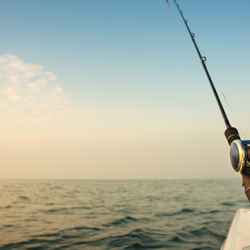 A fishing rod rests against a boat railing, casting into calm ocean waters under a clear sky in Key West. The horizon stretches infinitely, creating a serene seascape.