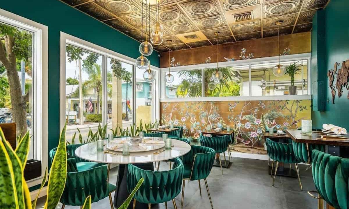 Interior of cafe with green aesthetic