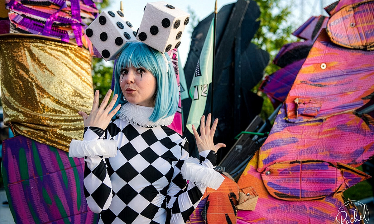 A girl in cosplay dice outfit