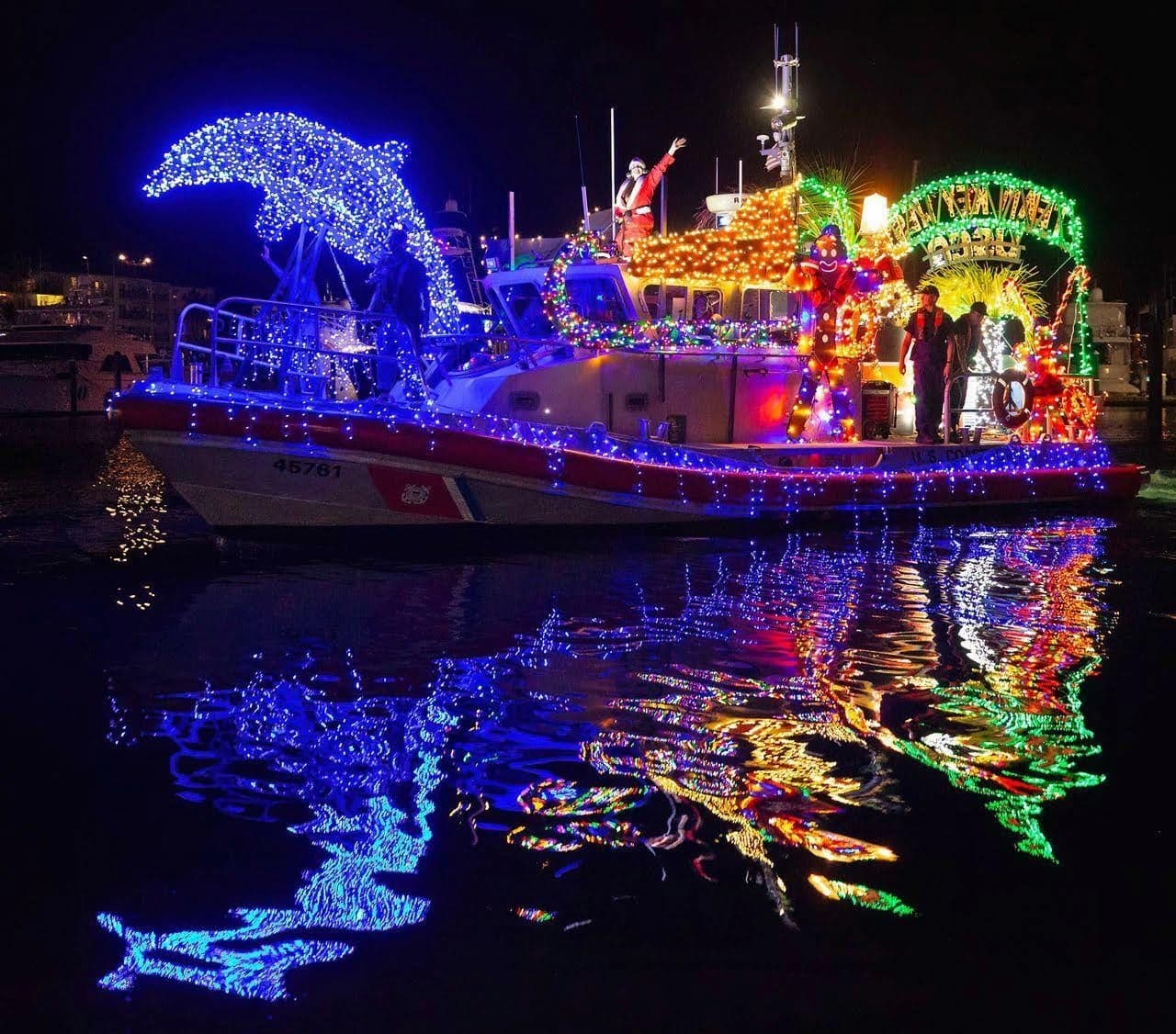 boat with christmas lights