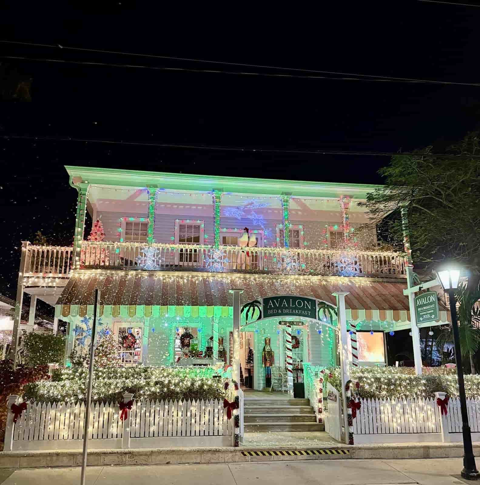Avalon exterior view with lights around the building