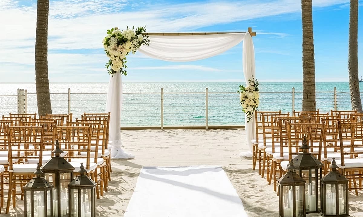 An outdoor wedding on the beach