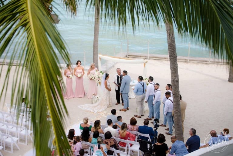 aerial view of beach wedding