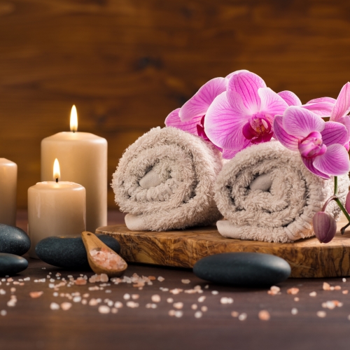 Spa towels and candles. 